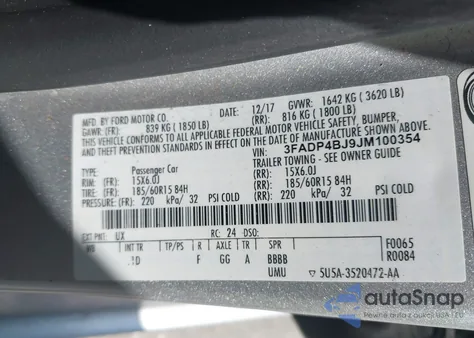 2018 Ford Fiesta Se из США, поврежденный, VIN 3FADP4BJ9JM100354